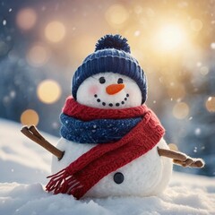Winter holidays, Christmas, snowman, cute snowman in knitted hat and scarf