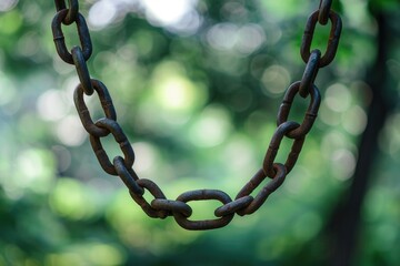 Rusted chain links hanging outdoors close-up strength industry green blur