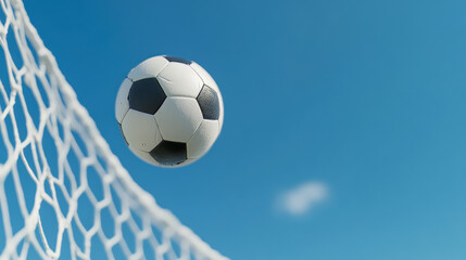 Fototapeta premium Soccer ball flying into goal net against clear blue sky