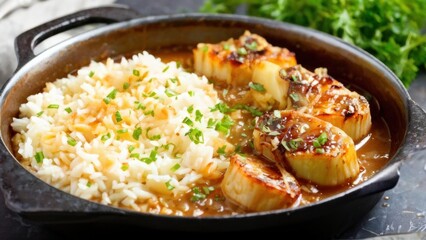 French onion soup with rice, garnished with fresh herbs and grated cheese.