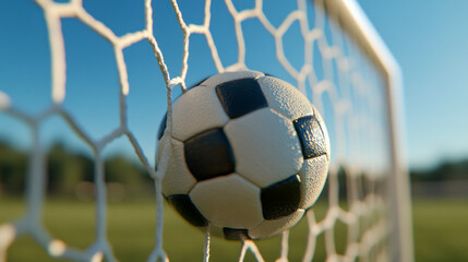 Naklejka premium Soccer ball stuck in goal net on vibrant sunny day at outdoor field