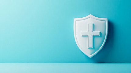 Obraz premium White shield with cross on blue background symbolizing protection and faith
