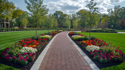 New York Park Brick Pathway with manicured lawns and flower beds, elegant urban trail