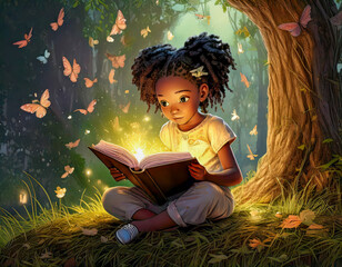 an enchanting moment: a girl sitting under a tree with a glowing book with magical lights, and surrounded by butterflies