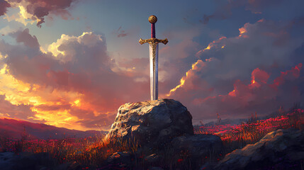 A legendary sword stuck in stone awaiting its rightful ruler. Immemorial. Illustration