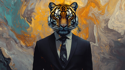 A tiger head seamlessly blends with a tailored suit against an abstract backdrop. the image juxtaposes wild animal instincts with modern human sophistication. Immemorial. Illustration