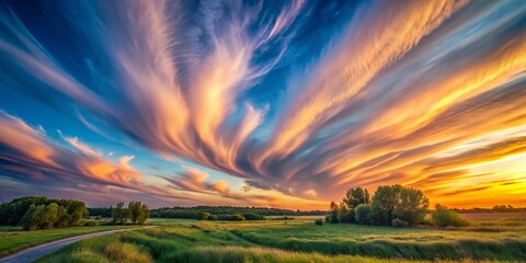 Dreamy Tranquil Landscape: Wispy Clouds, Gentle Light, Ethereal Sky Background