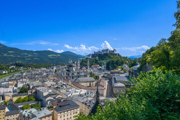 Fototapeta premium The City of Salzburg with Salzach River and Fortress Hohensalzburg in the State of Salzburg in Austria.