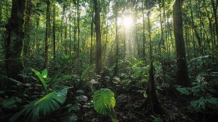 Obraz premium Sunlight Streaming Through Lush Green Canopy in Tropical Forest