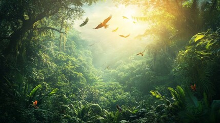Obraz premium Lush Tropical Jungle with Birds Soaring Through Sunlit Canopy