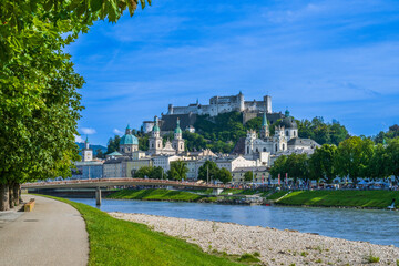 Fototapeta premium The City of Salzburg with Salzach River and Fortress Hohensalzburg in the State of Salzburg in Austria.