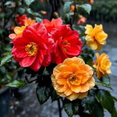 A photograph of camellia flowers in warm reds, oranges, and yellows, set in a wet rainy scene with drizzling rain and reflective surfaces
