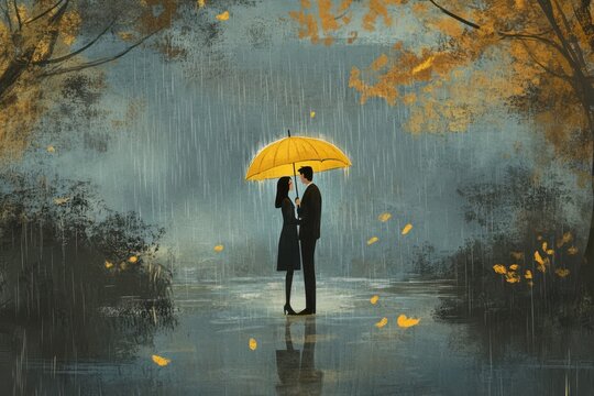 A stylized animation of a couple standing under a yellow umbrella, blending artistic expression and romantic warmth.