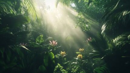 Obraz premium Lush Tropical Jungle with Sunlight Rays and Colorful Flowers