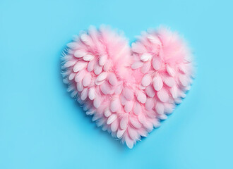 Heart covered with pink feathers and fluff on a blue background.