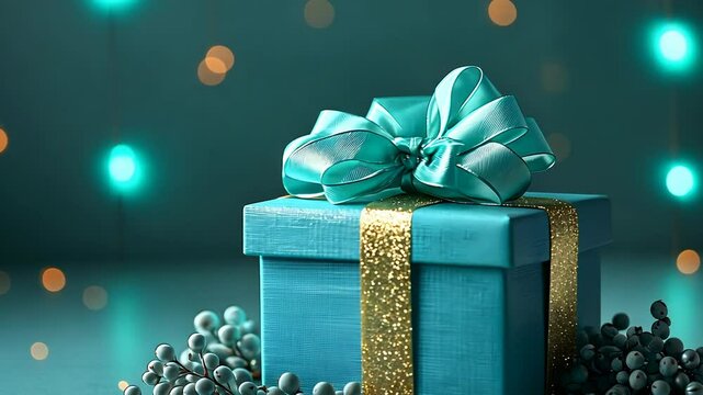 A turquoise gift box with a gold ribbon on a turquoise background with bokeh lights.