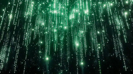 Futuristic green digital matrix code rain in virtual cyber environment