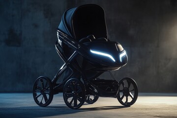 Creative baby stroller with cinematic glow, featuring sci-fi and Star Wars influences