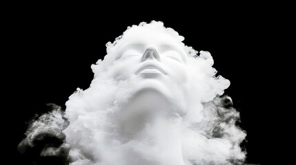 Ethereal white sculpture of a female face emerging from clouds