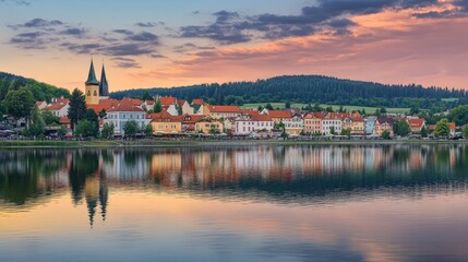 Obraz premium Colorful Lakeside Town at Sunset - European Charm