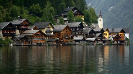 Fototapeta premium Alpine Lakeside Village: A Serene European Charm