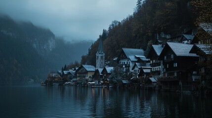 Fototapeta premium Winter Village by the Lake: A Peaceful Alpine Scene