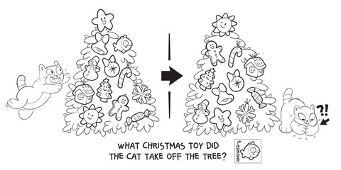 Find the differences puzzle game. What Christmas toy did the cat take off the tree? Find hidden objects in the picture. Puzzle Hidden Items. Educational game for children. Coloring book