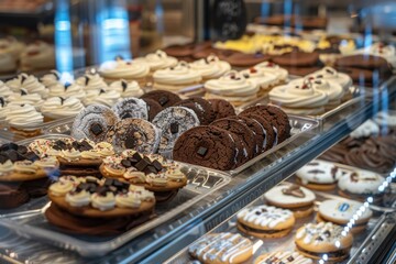 Assorted desserts displayed in a bakery showcasing various sweet treats with vibrant colors and textures at a local shop