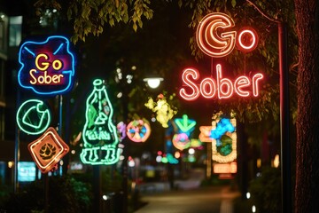 Vibrant "Go Sober" neon lights with eco-conscious symbols, advocating for mindful living and urban sustainability.