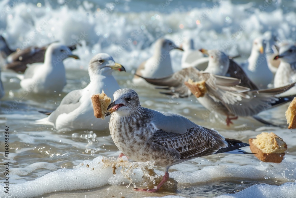 Poster seagulls gather at the shoreline competing for bread scraps during a sunny day at the beach, creatin