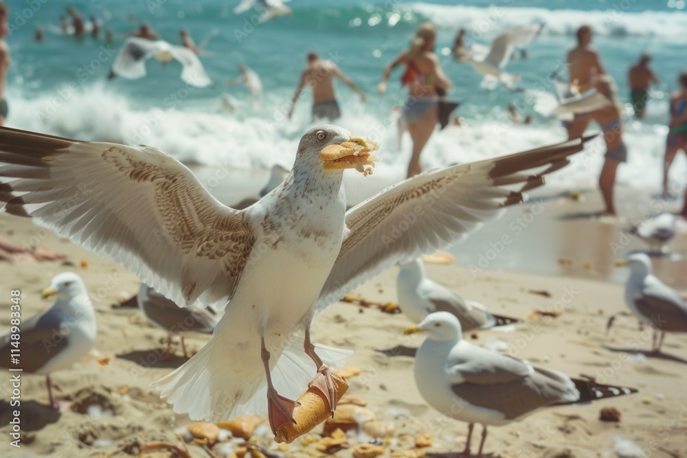 Poster seagulls gather at the shoreline competing for bread scraps during a sunny day at the beach, creatin