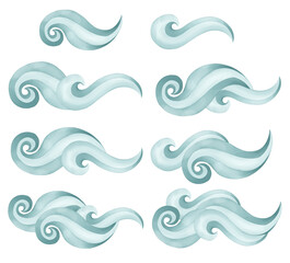 Conjunto de olas marinas pintadas a mano en acuarela. Ideales para papeleria, estampados y decoracion.
