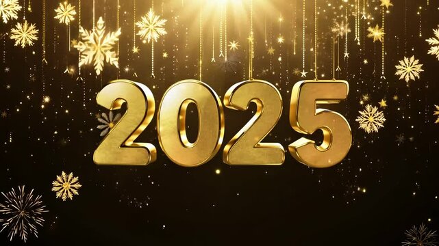 Golden 2025 number two thousand twenty-five illuminated by fireworks and surrounded by shimmering lights, applicable for new year promotions, celebrations, and holiday-themed events