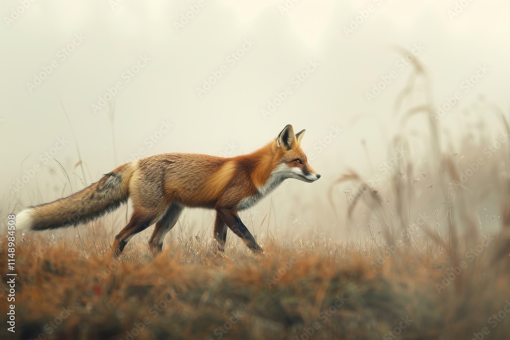Poster red fox roaming through a foggy meadow at dawn in a tranquil natural setting showcasing wildlife in 