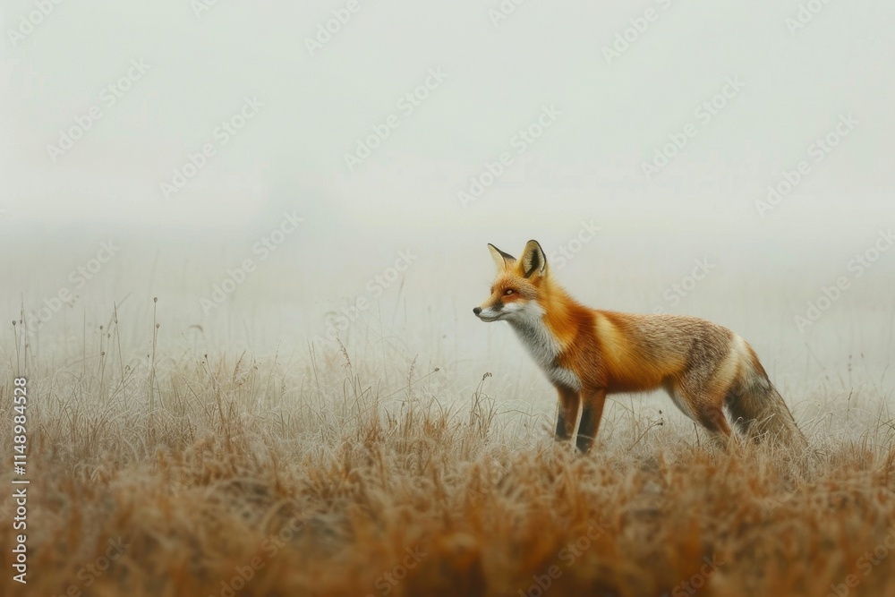 Poster red fox roaming through a foggy meadow at dawn in a tranquil natural setting showcasing wildlife in 