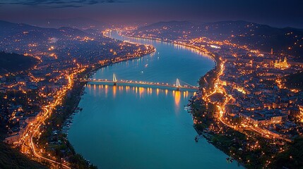 Fototapeta premium A scenic nighttime view of a river winding through a city, illuminated by city lights.