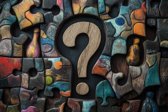 Wooden puzzle piece with a question mark surrounded by others, representing curiosity and the process of problem-solving.