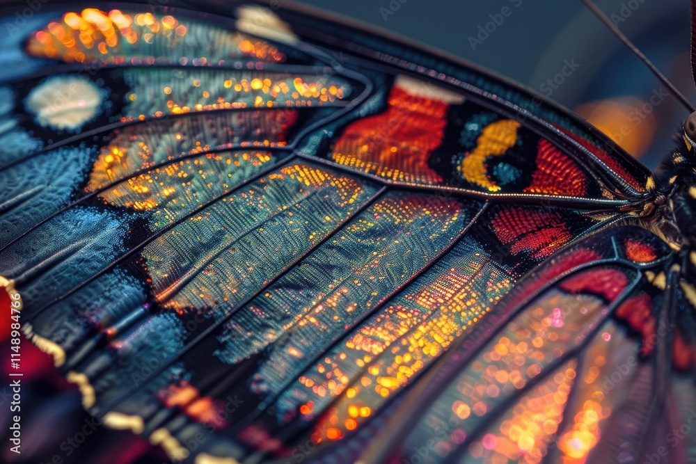 Poster Close-up view of a beautifully patterned butterfly wing showcasing vibrant colors and intricate textures in nature's design