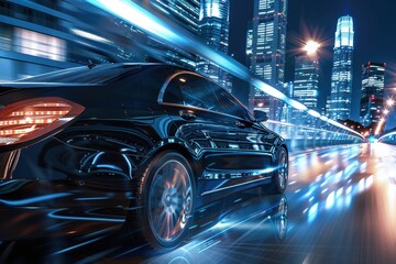 Luxury car in a vibrant city at night, illuminated by neon lights and skyscrapers while speeding down a busy road