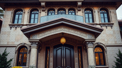 Fototapeta premium Tan House with Ornate Facade and Double Doors