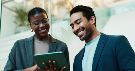 Smile, eco consultant and tablet with business people in office for sustainability manager,...