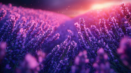 Naklejka premium A stunning view of a field of lavender in full bloom, with rows of purple flowers stretching into the distance and a soft breeze creating gentle waves, evoking a sense of calm and tranquility.