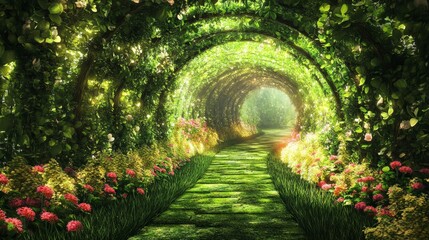 Enchanting Garden Pathway Surrounded by Lush Greenery and Blooms