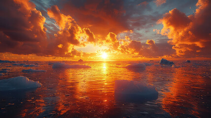 A stunning view of a glacier melting into the ocean, with icebergs floating in the water and the sun casting a golden light on the icy landscape.