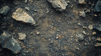 Dark Soil Ground With Scattered Rocks And Pebbles