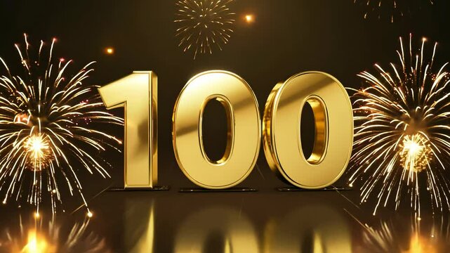 Golden 100 number one hundred with glittering fireworks and a reflective surface, applicable for centennial events, anniversaries, milestone celebrations, achievements, and party themes