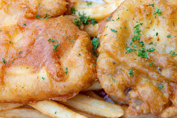 Golden fish and chips with battered flake