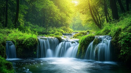 Fototapeta premium Serene Waterfall in Lush Forest - Nature's Beauty