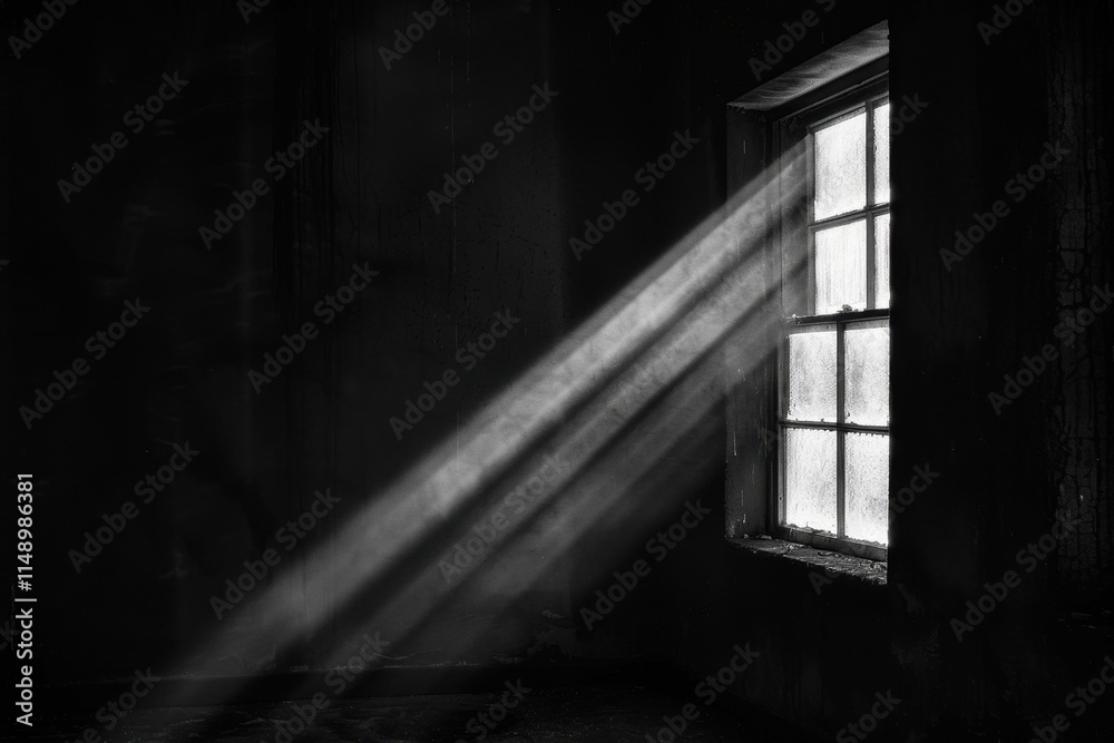 Aufkleber Light from a small window casts dramatic shadows in a dark room during the afternoon, creating a moody atmosphere