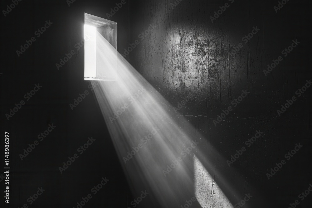 Aufkleber Light from a small window casts dramatic shadows in a dark room during the afternoon, creating a moody atmosphere